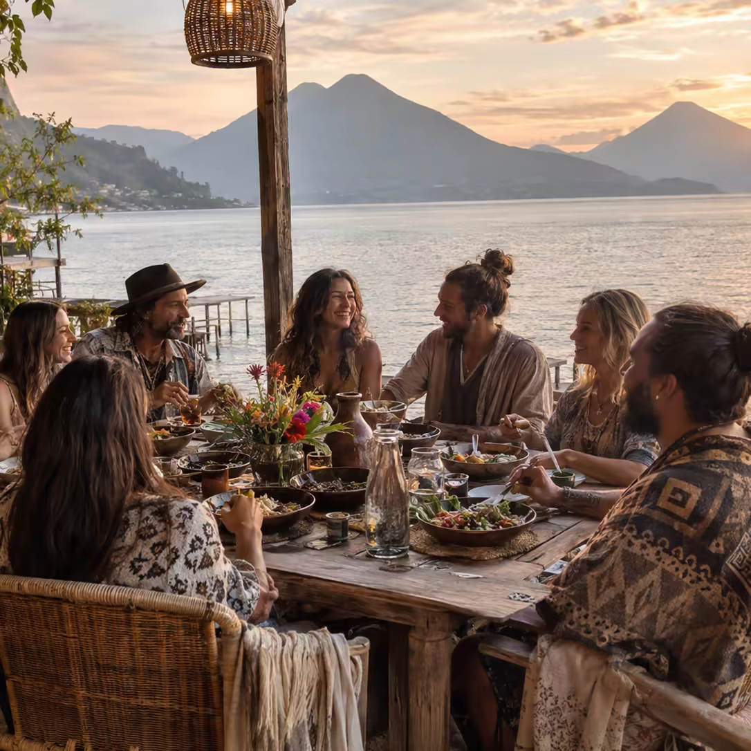 Eight people at a long dinner table outdoors, farm to table