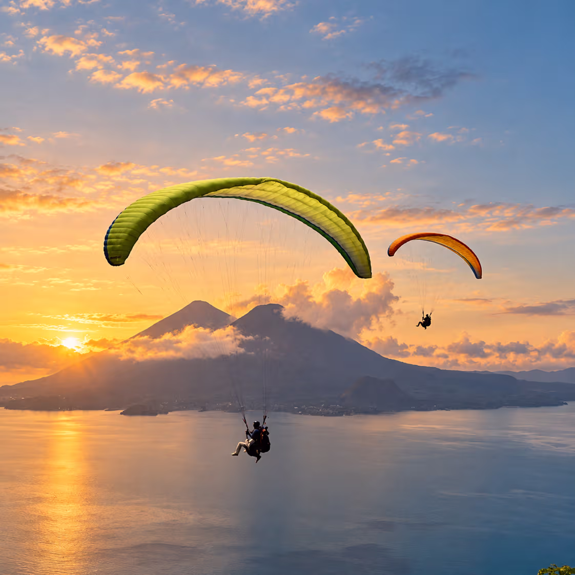 A hang glider soaring above Lake Atitlan