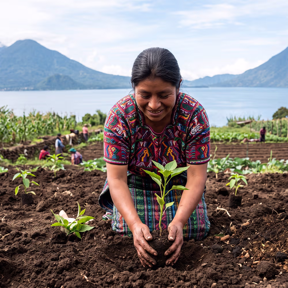 Hands placing a seedling into the earth