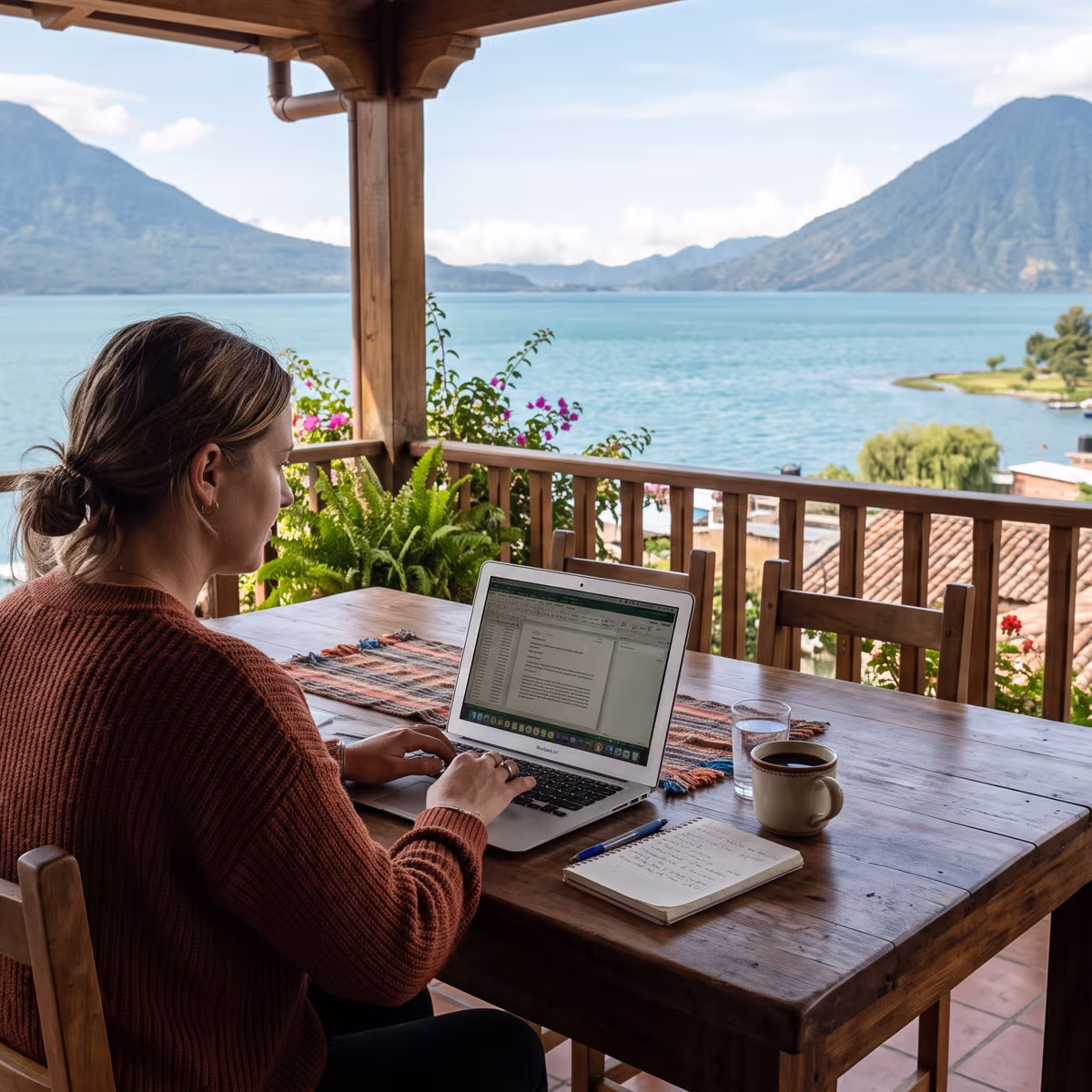 Someone working at a laptop on a terrace, shot from behind, lake in the background