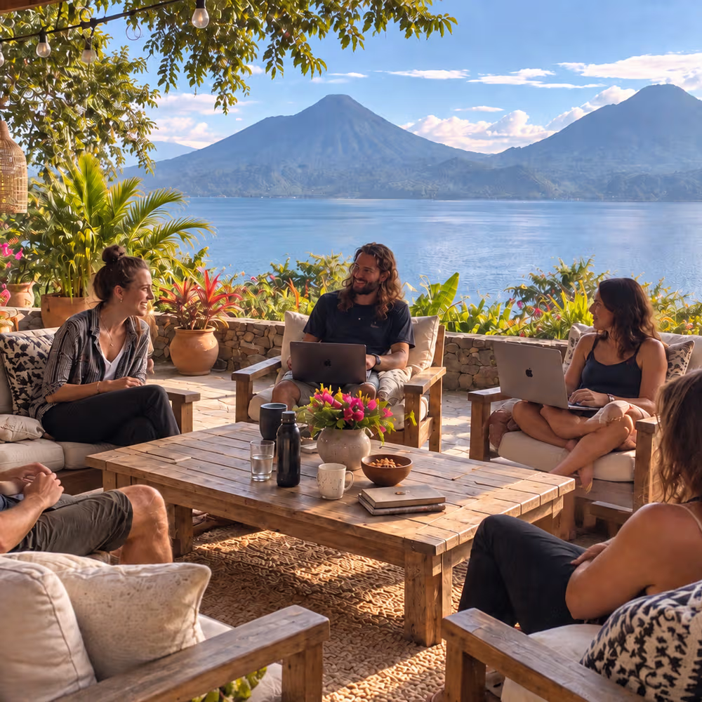 People working together on a project in an outdoor living room, some with laptops, interacting